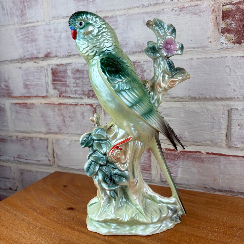 Vintage Lusterware Parrot Figurine 11.5in Iridescent Green Grandmillennial Decor